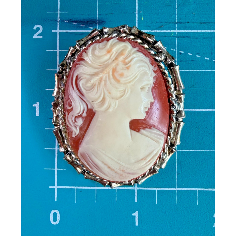 Vintage Cameo Brooch Red White Lady Profile Gold Tone Detailed Victorian Style - Picture 5 of 7